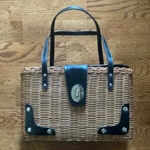 Kate Spade New York Handbag Wicker Basket Black Patent Leather Purse Tote Picnic